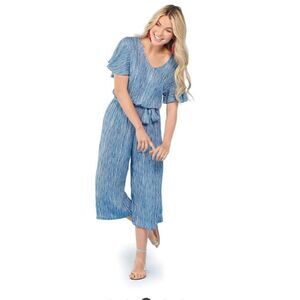 Mud Pie Rayon Striped Blue Jumpsuit Flutter Sleeves NWOT Size S